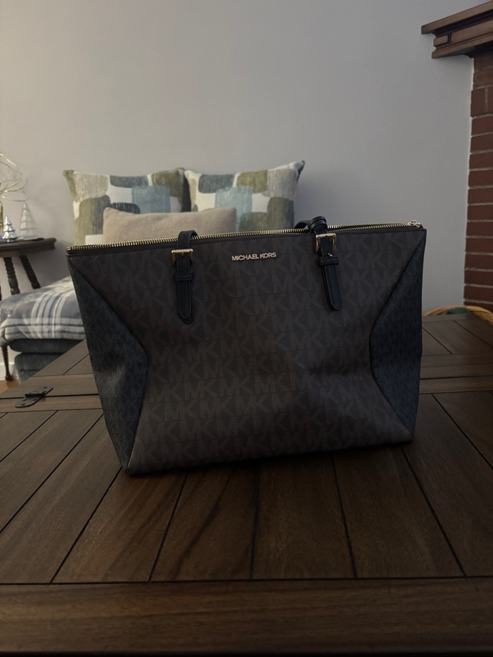 Michael Kors Dark Brown Signature Tote with Black Trim